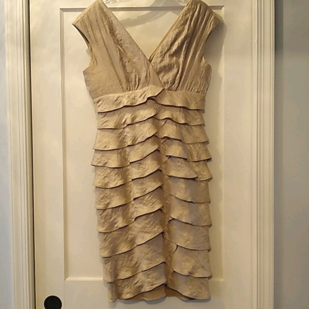 LONDON TIMES Gold Metallic Tiered Evening Gown